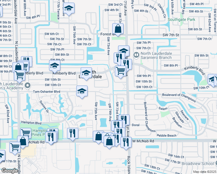 map of restaurants, bars, coffee shops, grocery stores, and more near 962 Southwest 74th Avenue in North Lauderdale