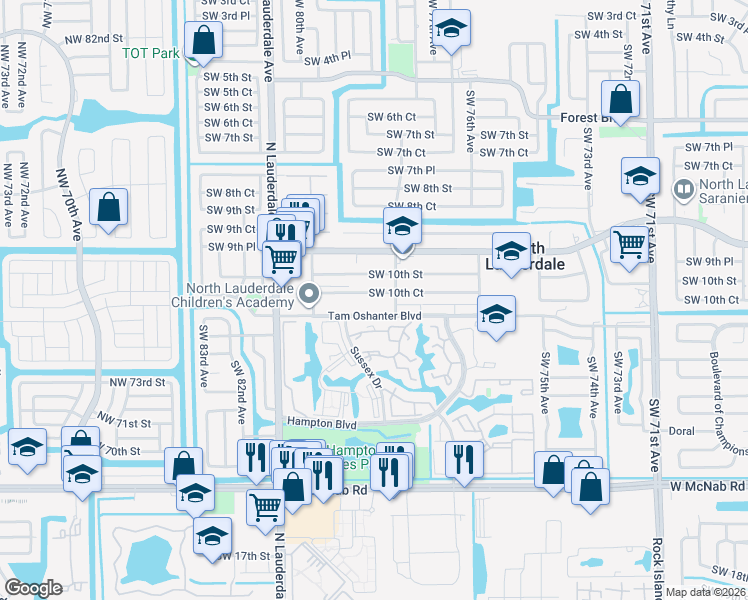 map of restaurants, bars, coffee shops, grocery stores, and more near 7810 Southwest 10th Court in North Lauderdale