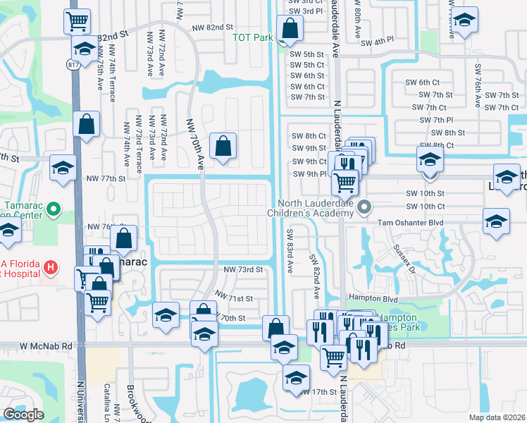 map of restaurants, bars, coffee shops, grocery stores, and more near 7600 Northwest 66th Terrace in Tamarac