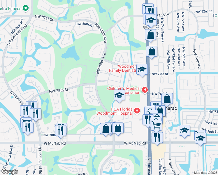 map of restaurants, bars, coffee shops, grocery stores, and more near 7531 Northwest 79th Avenue in Tamarac