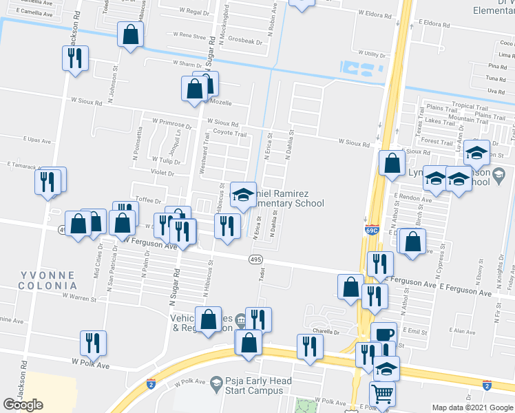 map of restaurants, bars, coffee shops, grocery stores, and more near 2221 North Erica Street in Pharr