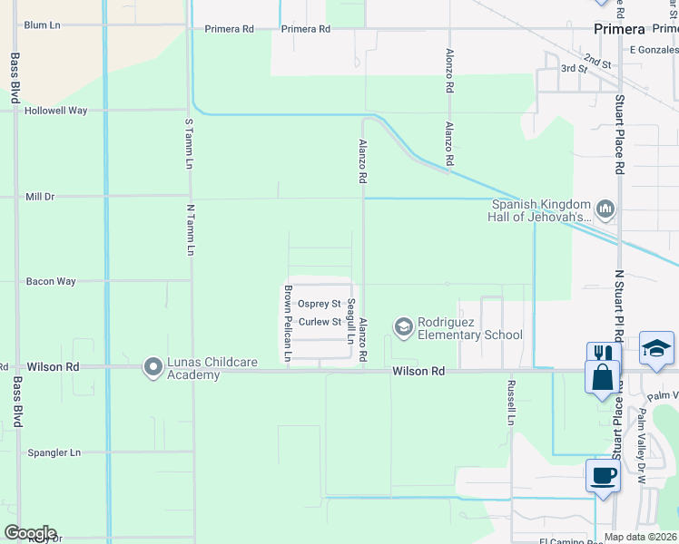 map of restaurants, bars, coffee shops, grocery stores, and more near 15751 Pink Flamingo in Harlingen