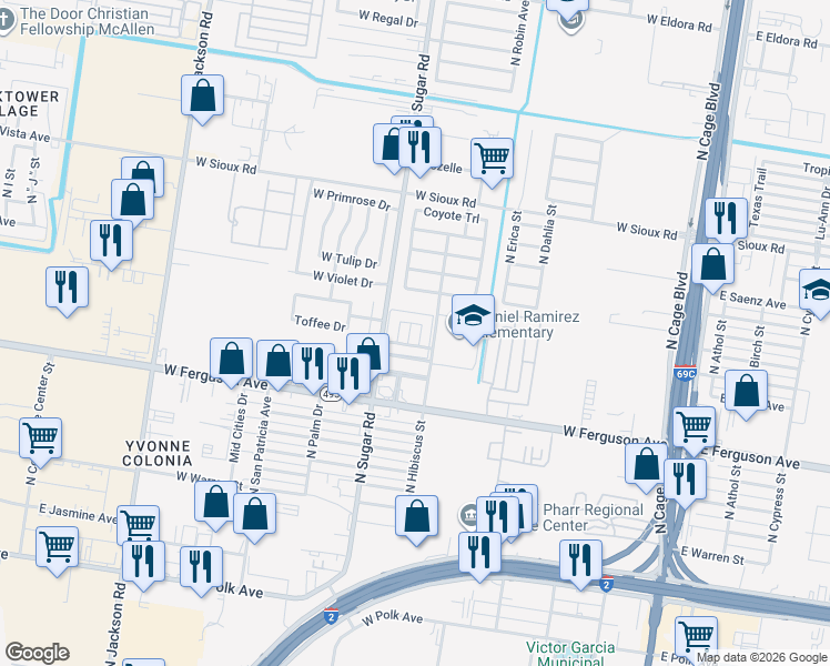 map of restaurants, bars, coffee shops, grocery stores, and more near 2103 North Paradise Drive in Pharr