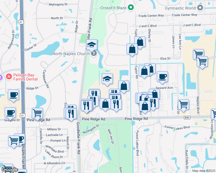 map of restaurants, bars, coffee shops, grocery stores, and more near 1515 Pine Ridge Road in Naples