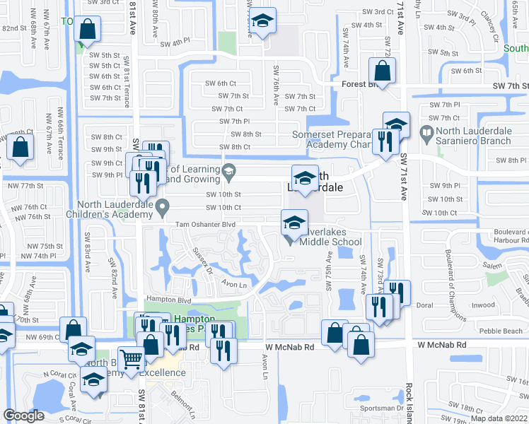 map of restaurants, bars, coffee shops, grocery stores, and more near 7630 Southwest 10th Court in North Lauderdale