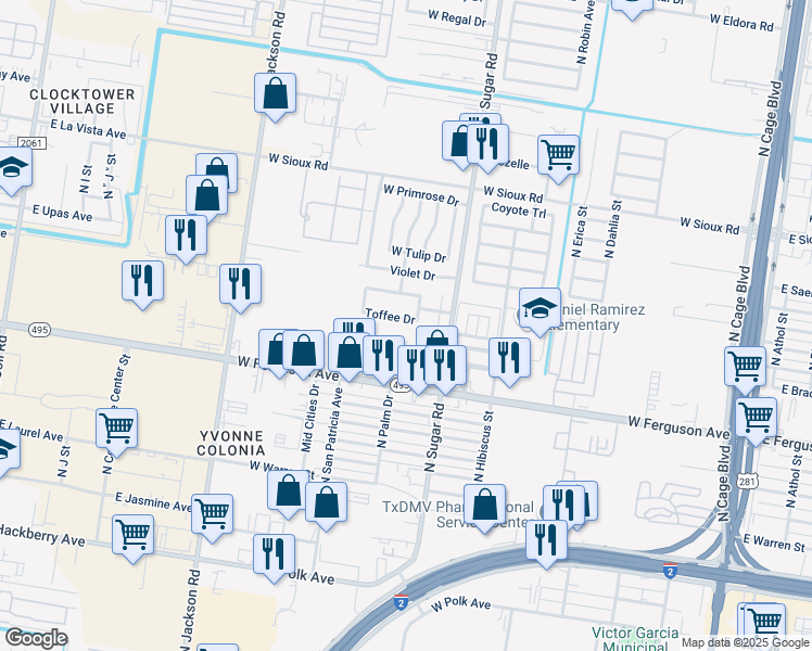 map of restaurants, bars, coffee shops, grocery stores, and more near 919 W Toffee Dr in Pharr
