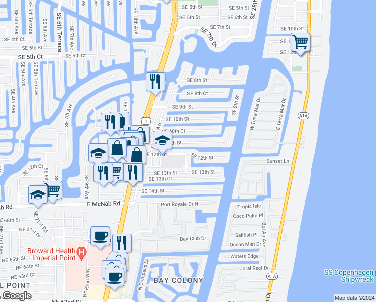 map of restaurants, bars, coffee shops, grocery stores, and more near 2401 Southeast 12th Street in Pompano Beach