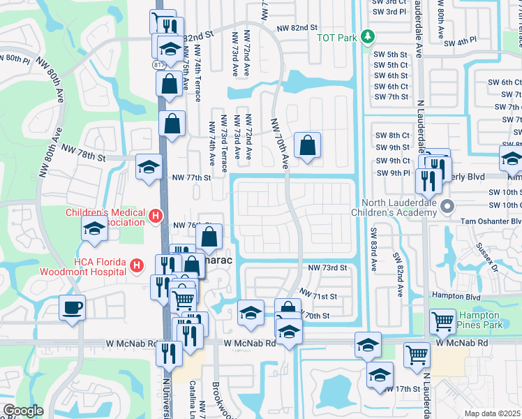 map of restaurants, bars, coffee shops, grocery stores, and more near 7209 Northwest 76th Court in Tamarac