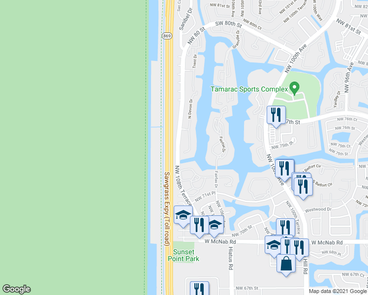 map of restaurants, bars, coffee shops, grocery stores, and more near 7219 South Devon Drive in Tamarac