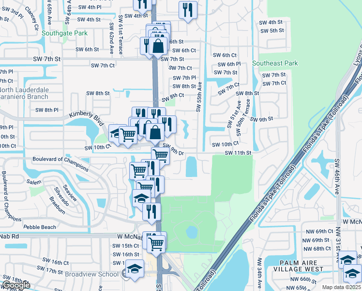 map of restaurants, bars, coffee shops, grocery stores, and more near 5561 Southwest 10th Place in Margate