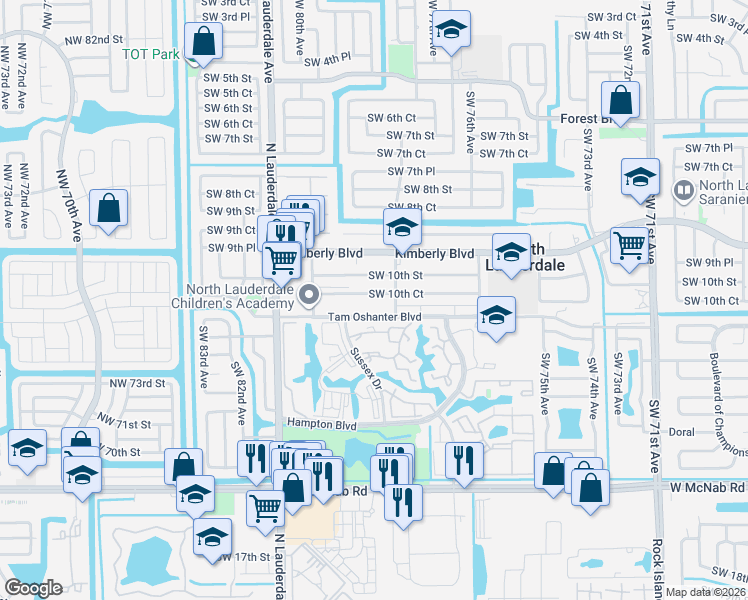 map of restaurants, bars, coffee shops, grocery stores, and more near 7810 Southwest 10th Court in North Lauderdale
