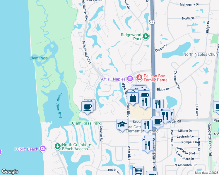 map of restaurants, bars, coffee shops, grocery stores, and more near 557 Tierra Mar Lane West in Naples