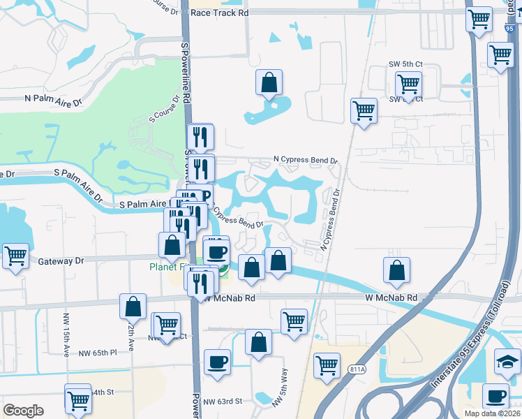 map of restaurants, bars, coffee shops, grocery stores, and more near 2313 South Cypress Bend Drive in Pompano Beach