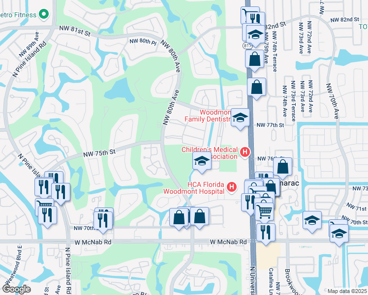map of restaurants, bars, coffee shops, grocery stores, and more near 7531 Northwest 79th Avenue in Tamarac