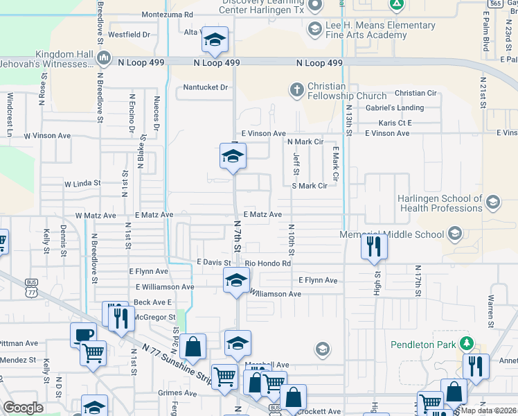 map of restaurants, bars, coffee shops, grocery stores, and more near 2201 Hunter Drive in Harlingen