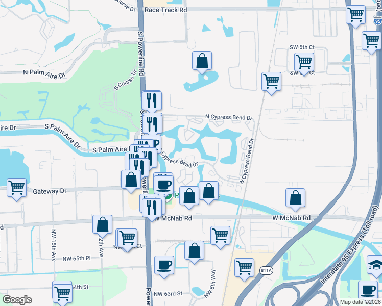 map of restaurants, bars, coffee shops, grocery stores, and more near 2313 South Cypress Bend Drive in Pompano Beach