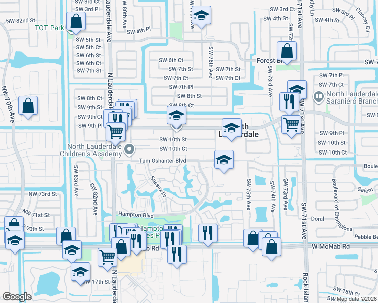 map of restaurants, bars, coffee shops, grocery stores, and more near 7726 Southwest 10th Court in North Lauderdale