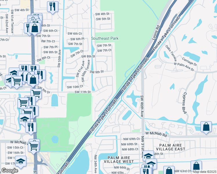 map of restaurants, bars, coffee shops, grocery stores, and more near 4901 Southwest 11th Circle in Margate