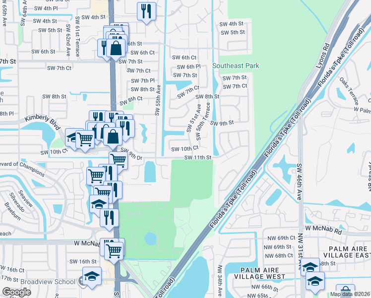 map of restaurants, bars, coffee shops, grocery stores, and more near 5105 Southwest 10th Court in Margate