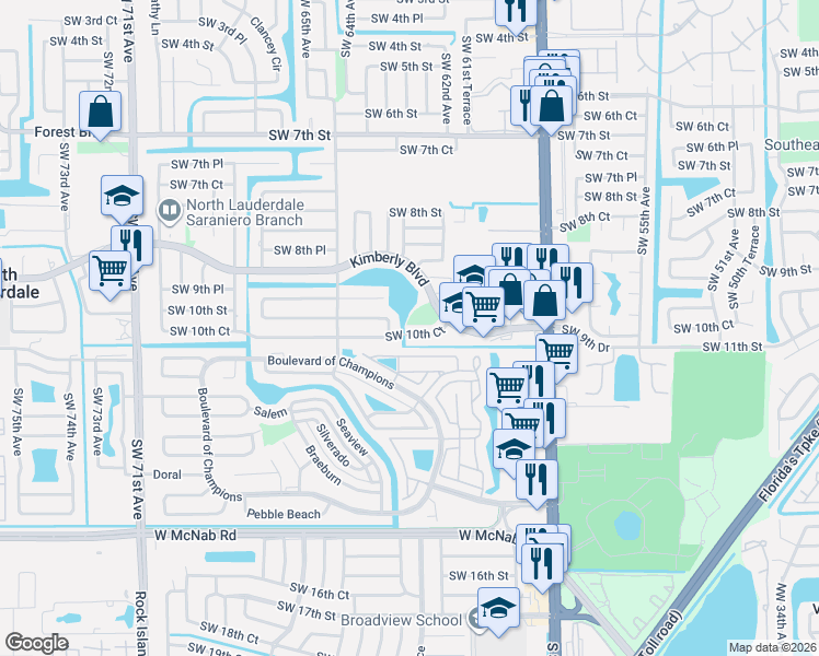 map of restaurants, bars, coffee shops, grocery stores, and more near 10 Kathy Court in North Lauderdale