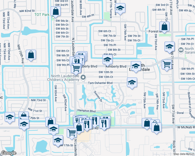 map of restaurants, bars, coffee shops, grocery stores, and more near 7900 Southwest 10th Court in North Lauderdale