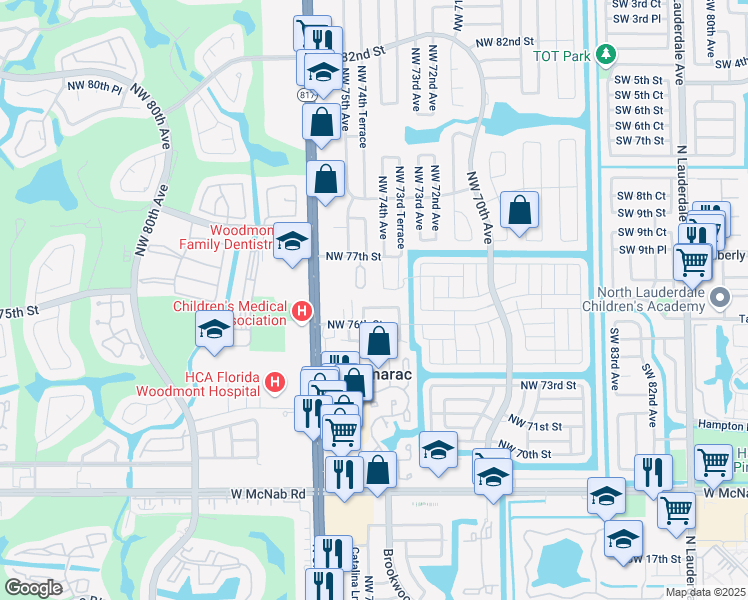 map of restaurants, bars, coffee shops, grocery stores, and more near 7409 Northwest 76th Court in Tamarac