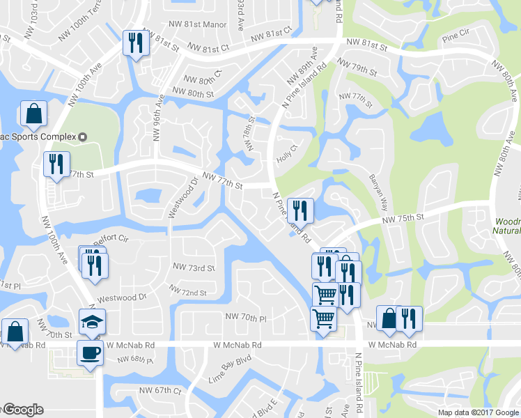 map of restaurants, bars, coffee shops, grocery stores, and more near 7614 Northwest 88th Circle in Tamarac
