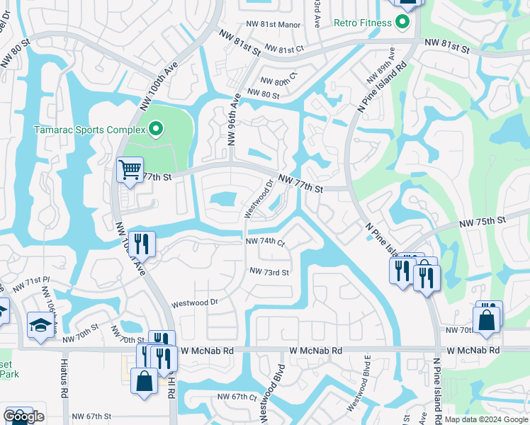 map of restaurants, bars, coffee shops, grocery stores, and more near 7680 Westwood Drive in Tamarac