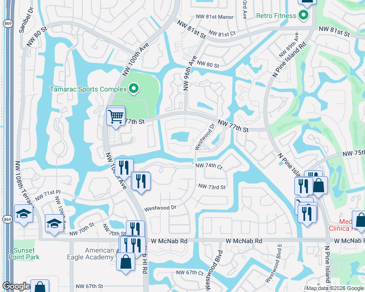 map of restaurants, bars, coffee shops, grocery stores, and more near 9722 Northwest 75th Court in Tamarac
