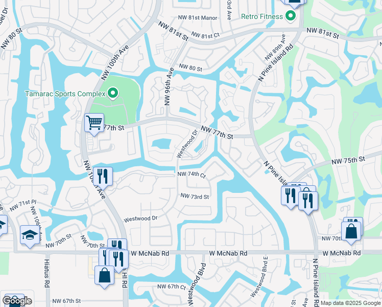 map of restaurants, bars, coffee shops, grocery stores, and more near 7680 Westwood Drive in Tamarac