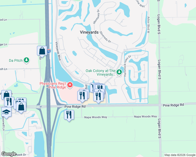 map of restaurants, bars, coffee shops, grocery stores, and more near 69 Arbor Boulevard West in Naples