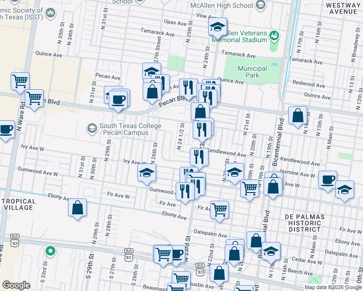 map of restaurants, bars, coffee shops, grocery stores, and more near 1104 North 24 1/2 Street in McAllen