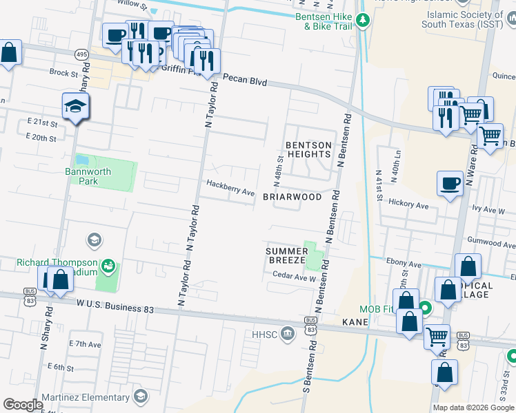 map of restaurants, bars, coffee shops, grocery stores, and more near 725 North 48th Street in McAllen