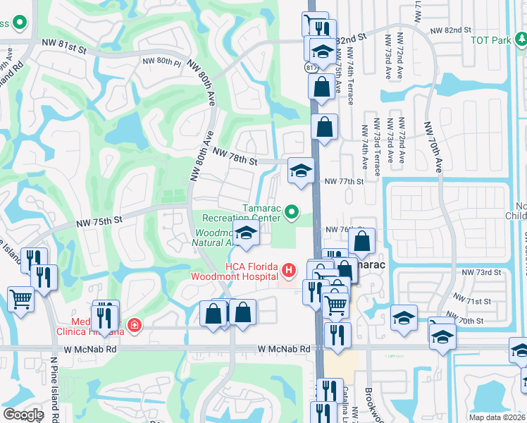 map of restaurants, bars, coffee shops, grocery stores, and more near 7770 Northwest 78th Avenue in Tamarac