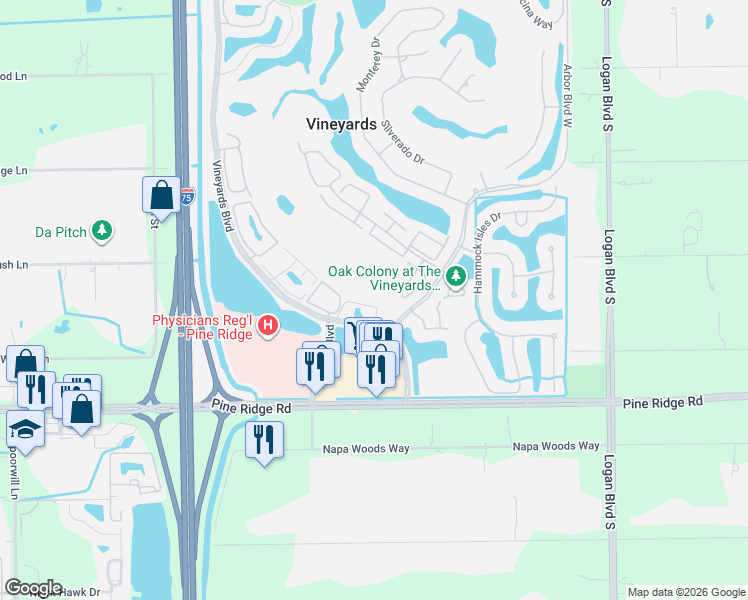 map of restaurants, bars, coffee shops, grocery stores, and more near 69 Arbor Boulevard West in Naples