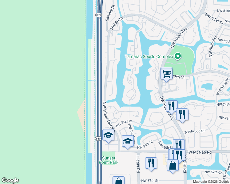 map of restaurants, bars, coffee shops, grocery stores, and more near 7219 South Devon Drive in Tamarac