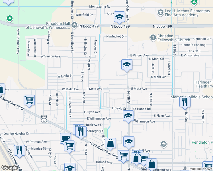 map of restaurants, bars, coffee shops, grocery stores, and more near 301 E Matz Ave in Harlingen