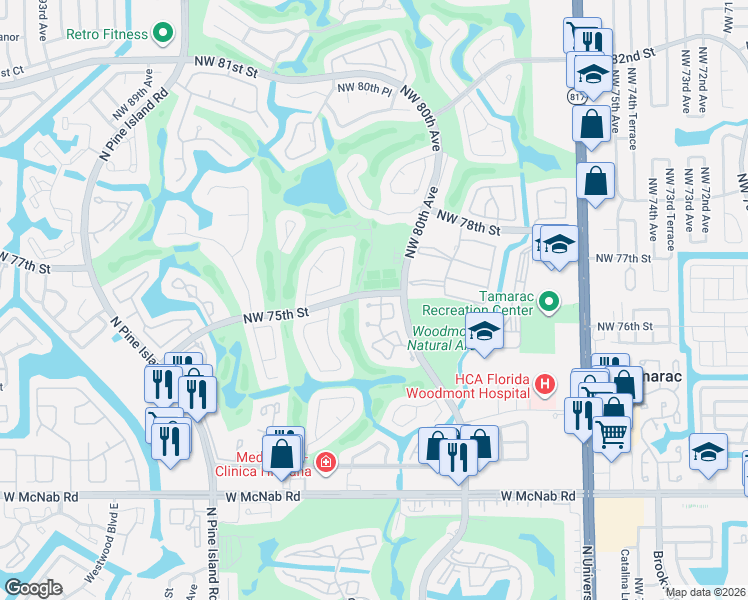 map of restaurants, bars, coffee shops, grocery stores, and more near 8173 Royal Palm Court in Tamarac
