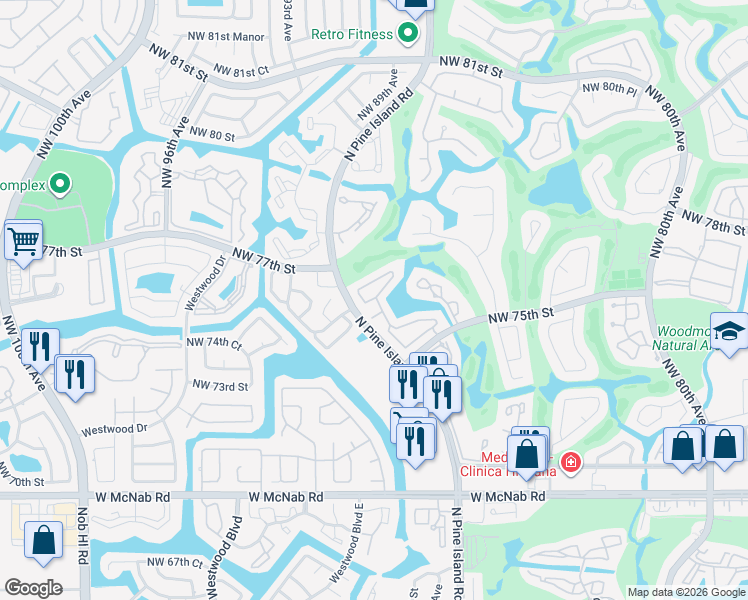 map of restaurants, bars, coffee shops, grocery stores, and more near 8792 Northwest 76th Drive in Tamarac