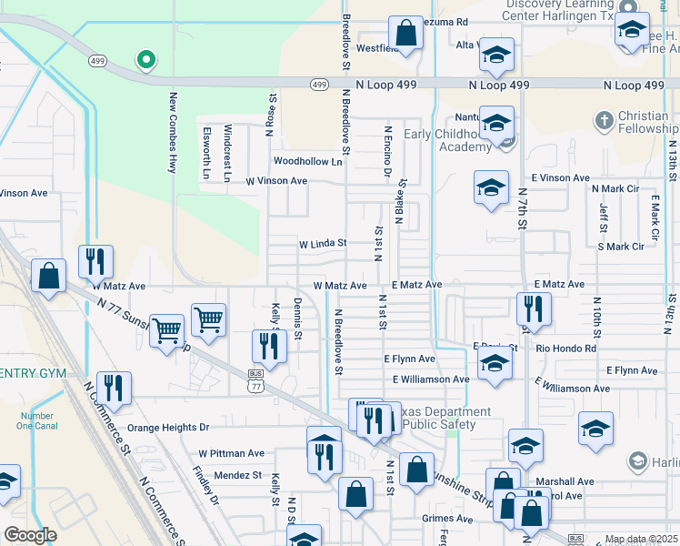 map of restaurants, bars, coffee shops, grocery stores, and more near 310 West Matz Avenue in Harlingen