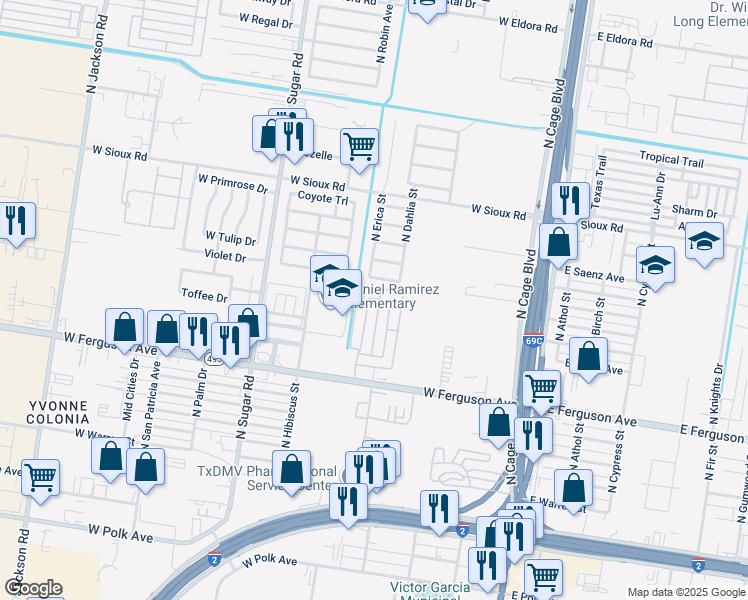 map of restaurants, bars, coffee shops, grocery stores, and more near 2221 North Erica Street in Pharr
