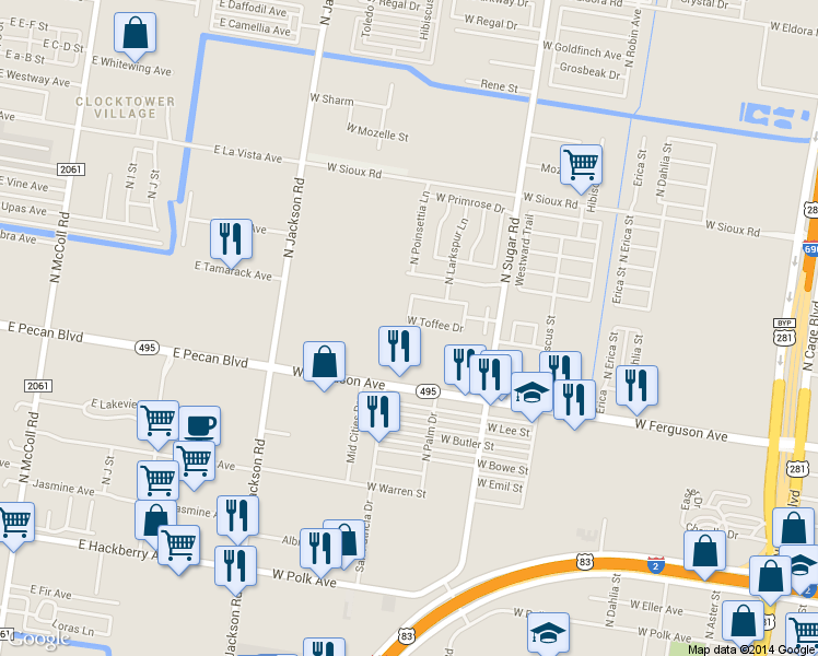 map of restaurants, bars, coffee shops, grocery stores, and more near 1015 W Toffee Dr in Pharr