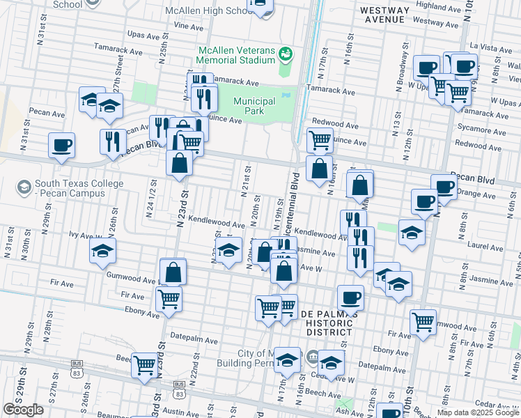 map of restaurants, bars, coffee shops, grocery stores, and more near 1121 North 20th Street in McAllen