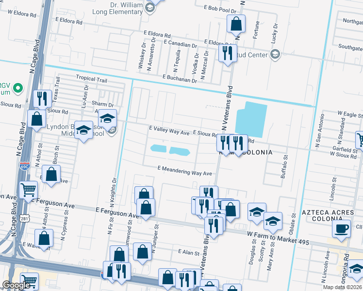 map of restaurants, bars, coffee shops, grocery stores, and more near 221 That Way in Pharr