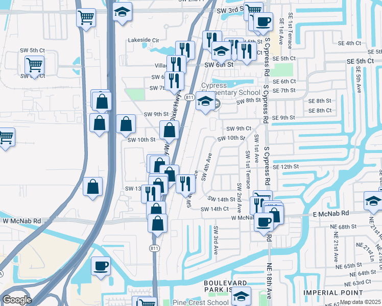 map of restaurants, bars, coffee shops, grocery stores, and more near 1145 South Flagler Avenue in Pompano Beach