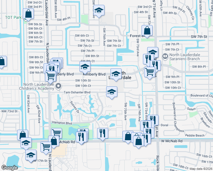 map of restaurants, bars, coffee shops, grocery stores, and more near 7500 Kimberly Boulevard in North Lauderdale