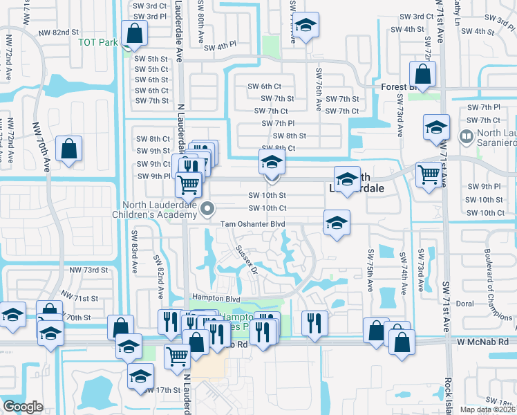 map of restaurants, bars, coffee shops, grocery stores, and more near 7810 Southwest 10th Court in North Lauderdale