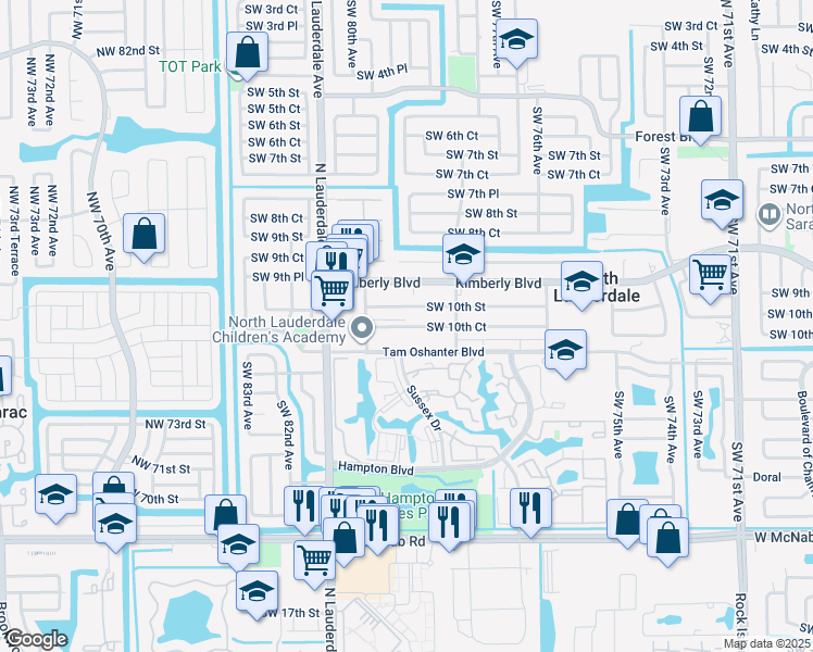 map of restaurants, bars, coffee shops, grocery stores, and more near 7900 Southwest 10th Court in North Lauderdale