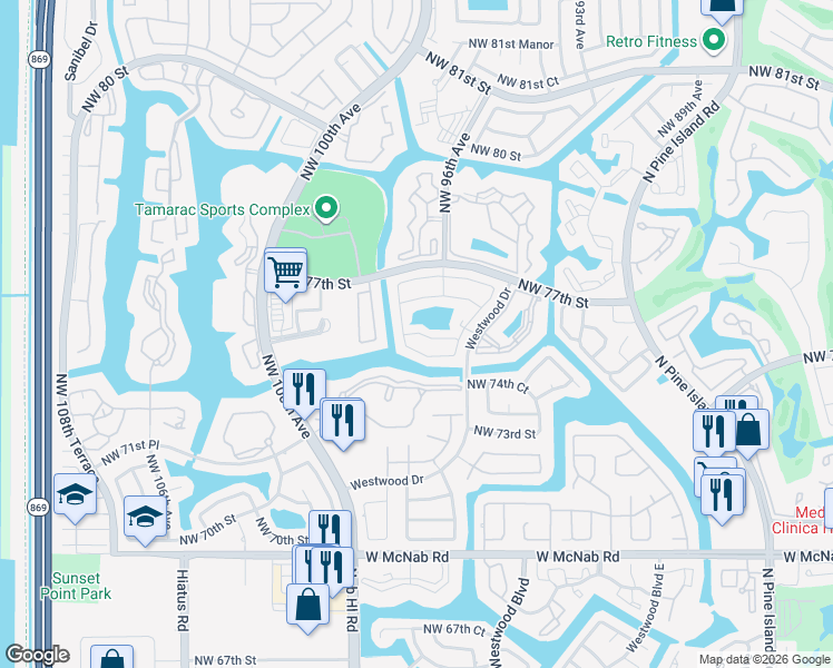 map of restaurants, bars, coffee shops, grocery stores, and more near 9722 Northwest 75th Court in Tamarac