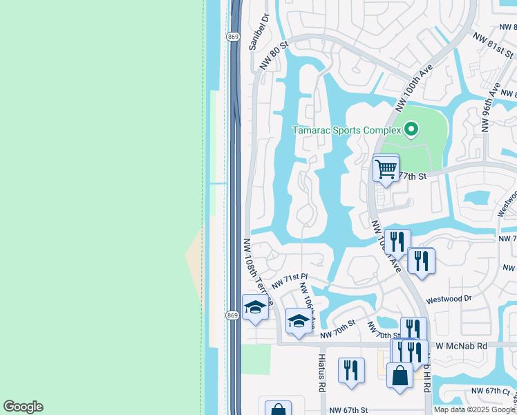 map of restaurants, bars, coffee shops, grocery stores, and more near 7219 South Devon Drive in Tamarac